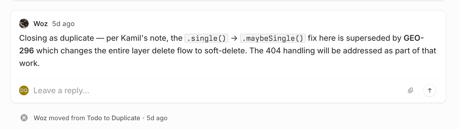 Woz flagging a duplicate in Linear and handling it